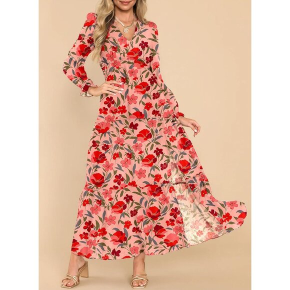 Chic Red V Neck Bohemian Maxi Dress - Long Puff Sleeves and Ruffle Cuffs - Picture 4 of 6
